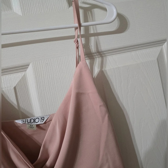 NWOT Studio 19 Y2K Blush Pink Satin Mini Slip Dress/Tunic, Pleated Wrap Neckline - Picture 7 of 12